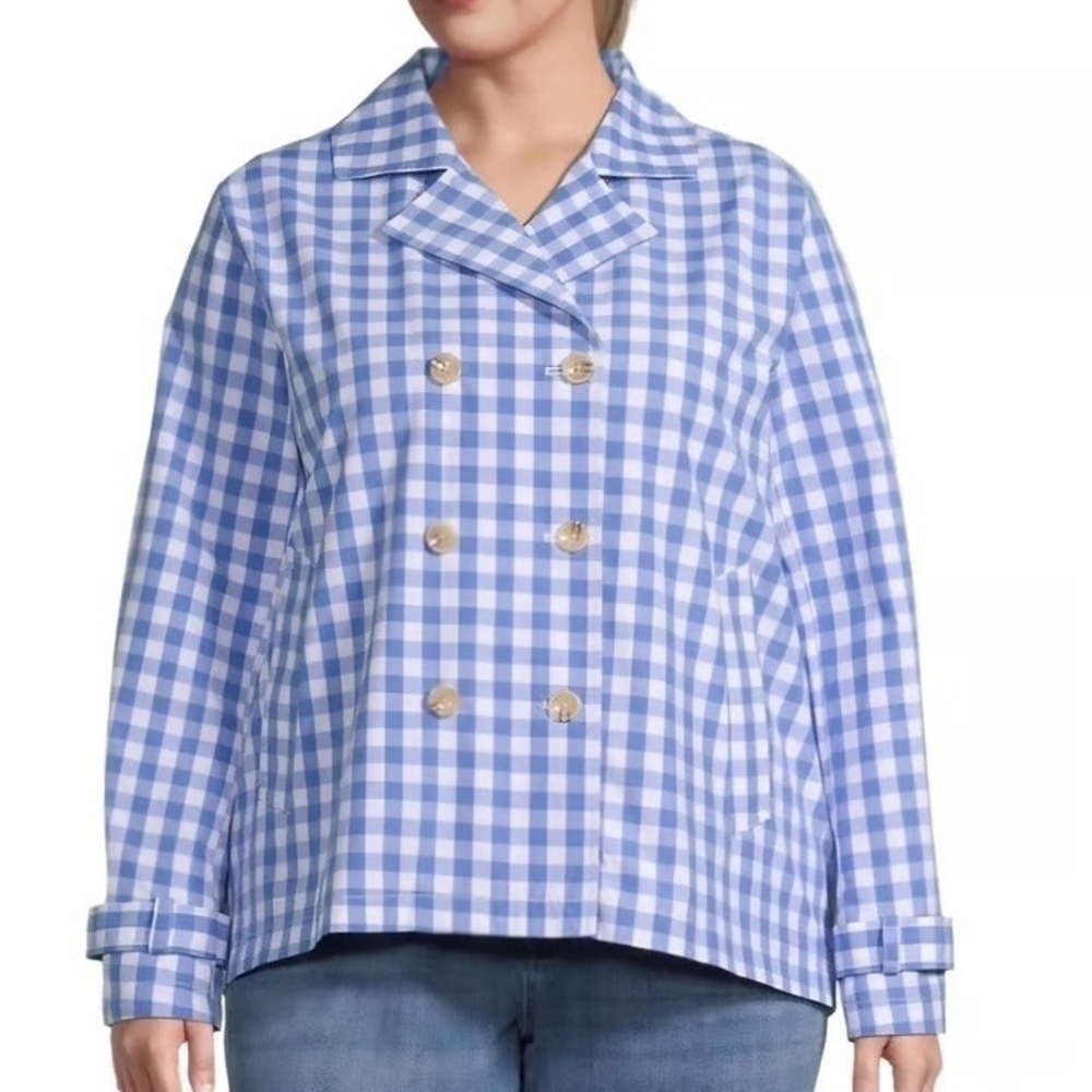 St Johns Bay Gingham Double Breasted Trench Coat Jacket in Blue and‎ White
